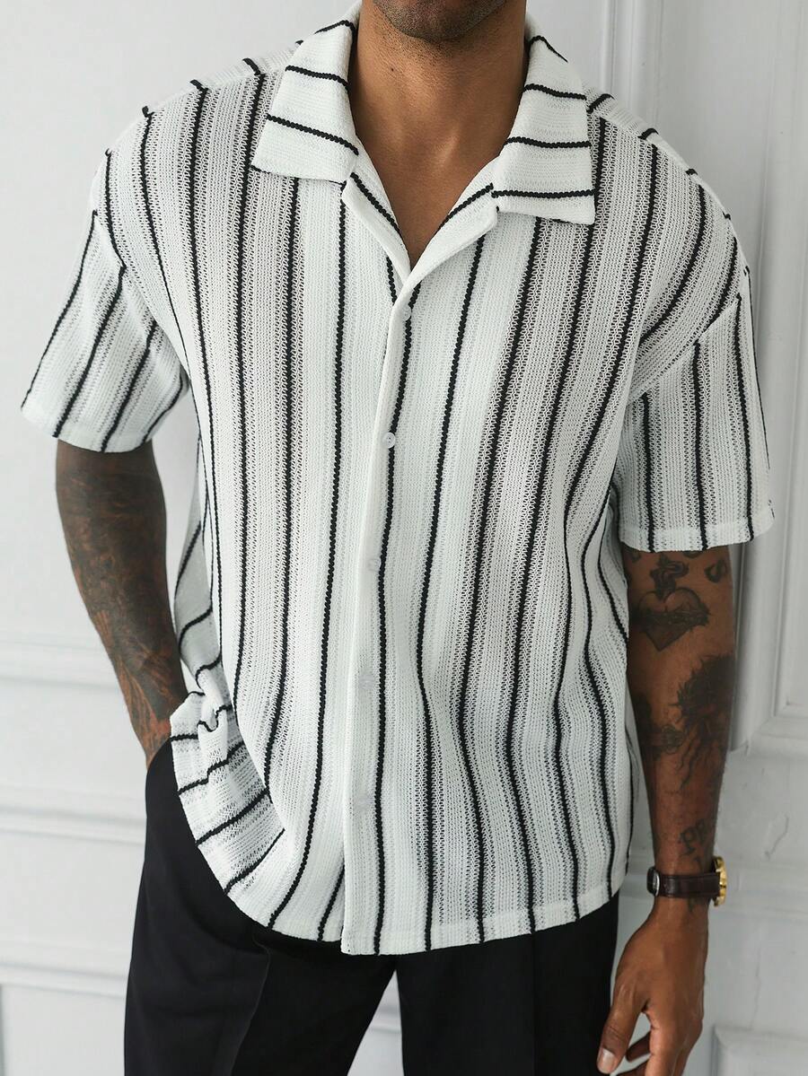 Mens Short Sleeve Crochet Shirt Jacquard Stripe Loose Fit – Darco