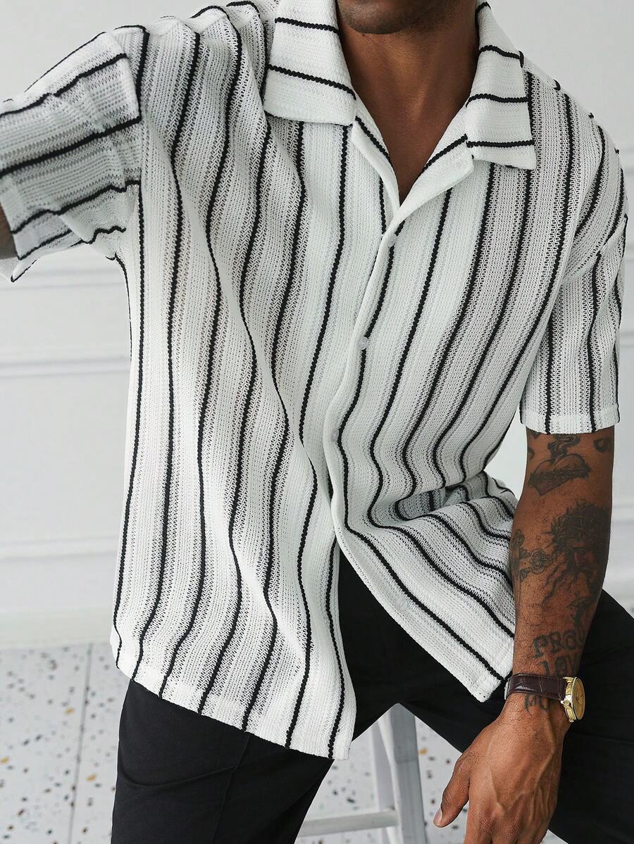 Mens Short Sleeve Crochet Shirt Jacquard Stripe Loose Fit – Darco