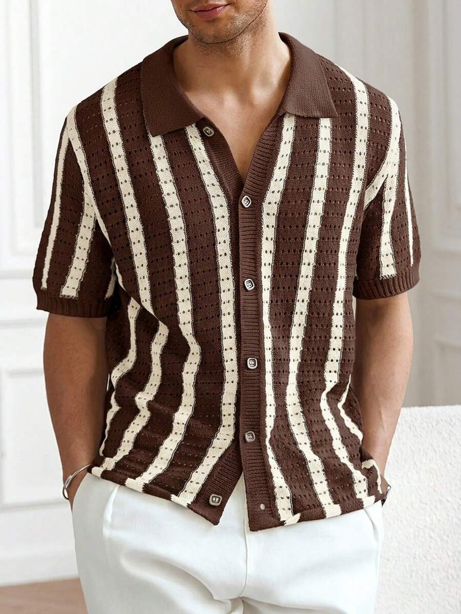 Mens Short Sleeve Crochet Knit Shirt Stripe Button Front – Drenval
