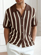 Mens Short Sleeve Crochet Knit Shirt Stripe Button Front – Drenval