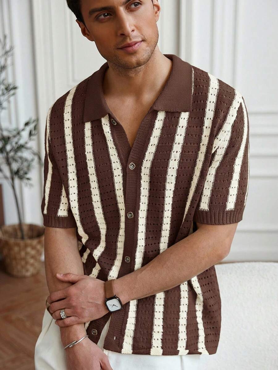 Mens Short Sleeve Crochet Knit Shirt Stripe Button Front – Drenval