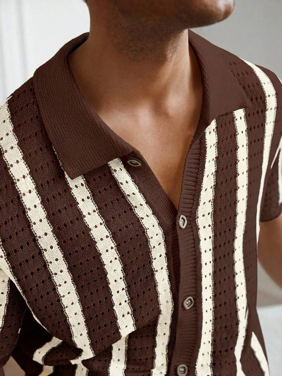 Mens Short Sleeve Crochet Knit Shirt Stripe Button Front – Drenval
