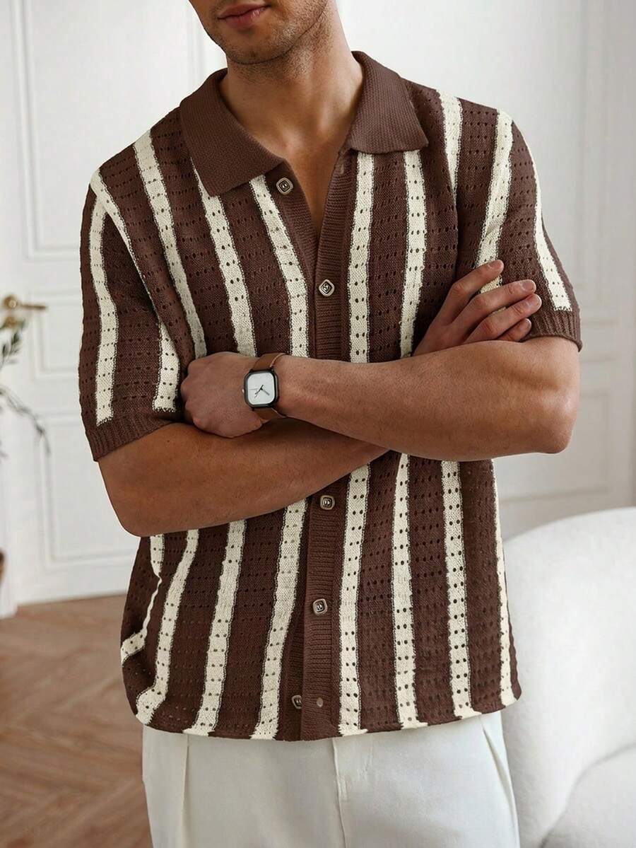 Mens Short Sleeve Crochet Knit Shirt Stripe Button Front – Drenval