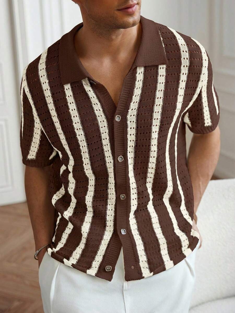 Mens Short Sleeve Crochet Knit Shirt Stripe Button Front – Drenval