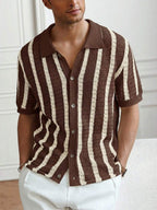 Mens Short Sleeve Crochet Knit Shirt Stripe Button Front – Drenval