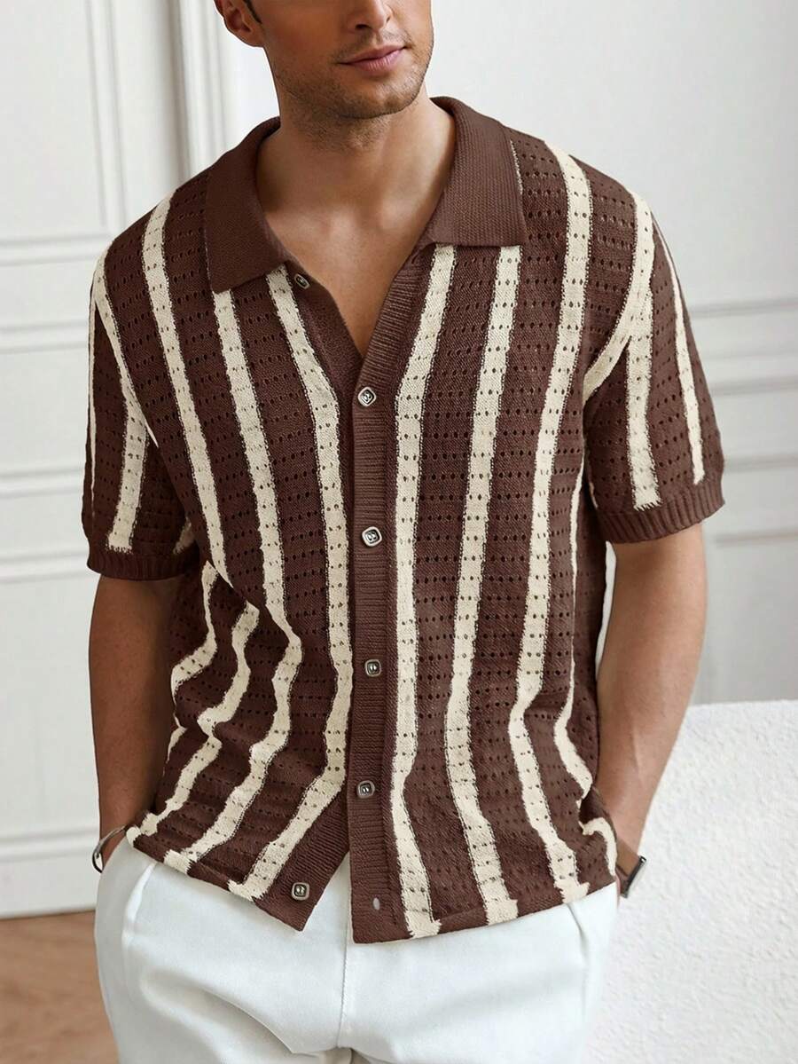 Mens Short Sleeve Crochet Knit Shirt Stripe Button Front – Drenval