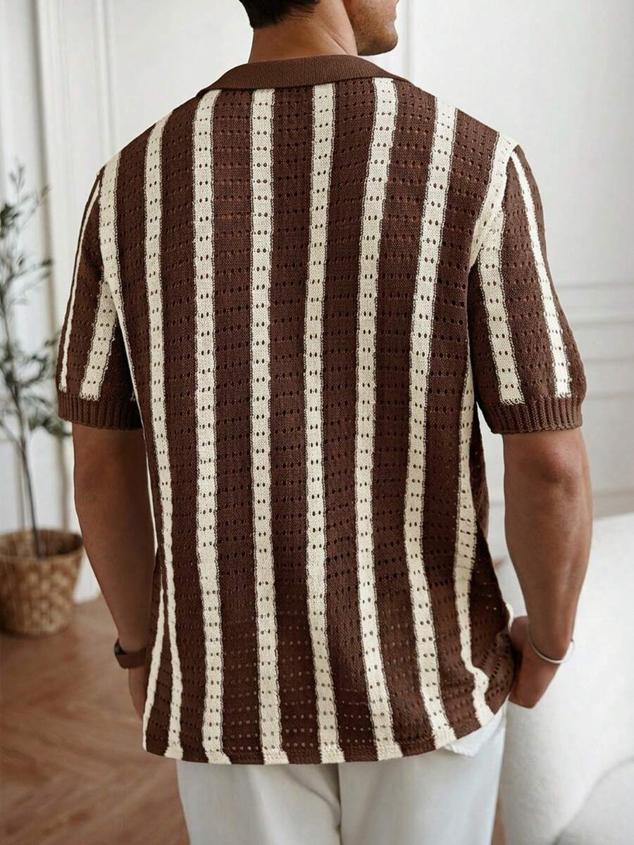 Mens Short Sleeve Crochet Knit Shirt Stripe Button Front – Drenval