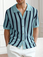 Mens Short Sleeve Crochet Knit Shirt Stripe Button Front – Drenval