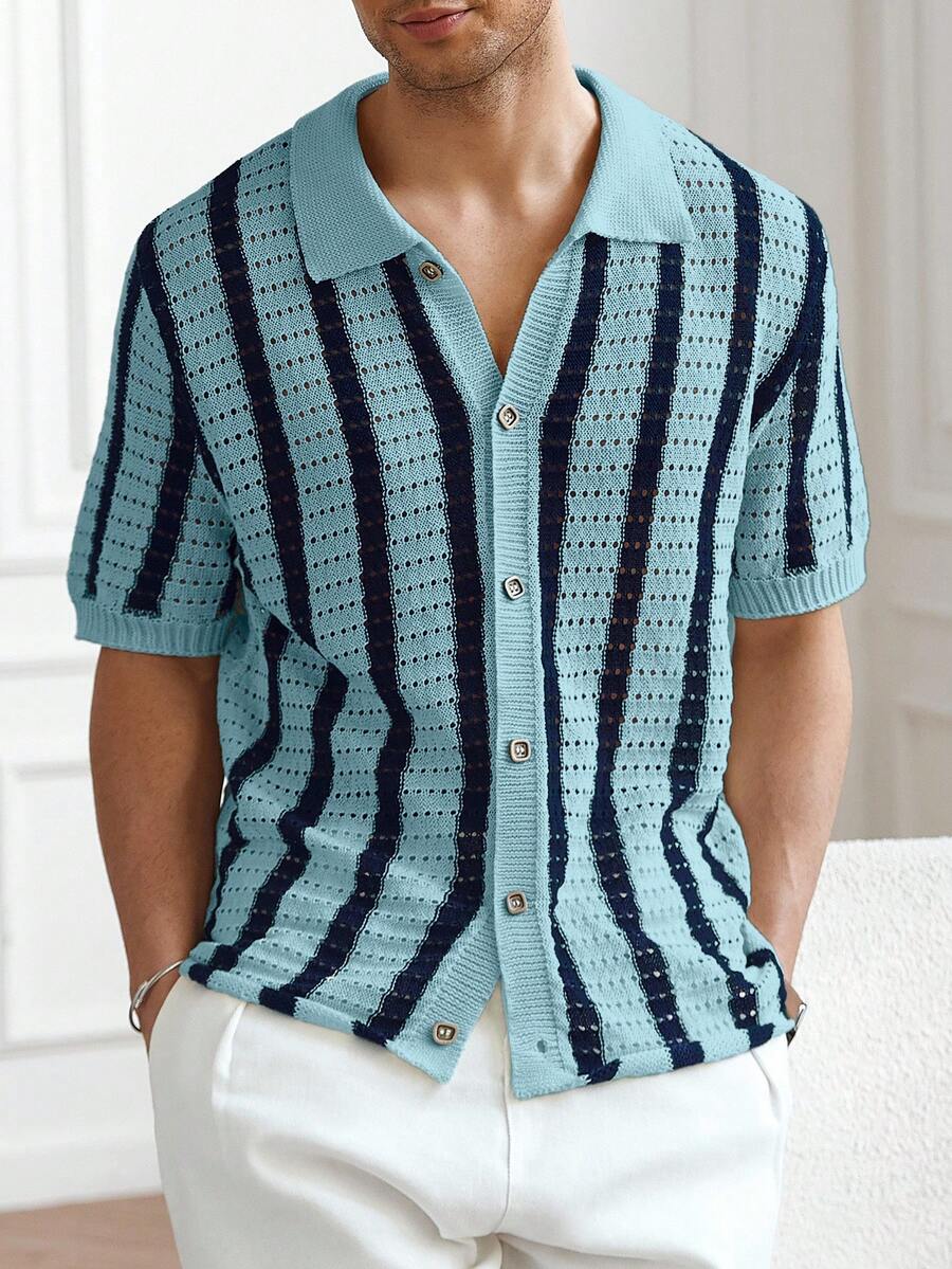 Mens Short Sleeve Crochet Knit Shirt Stripe Button Front – Drenval