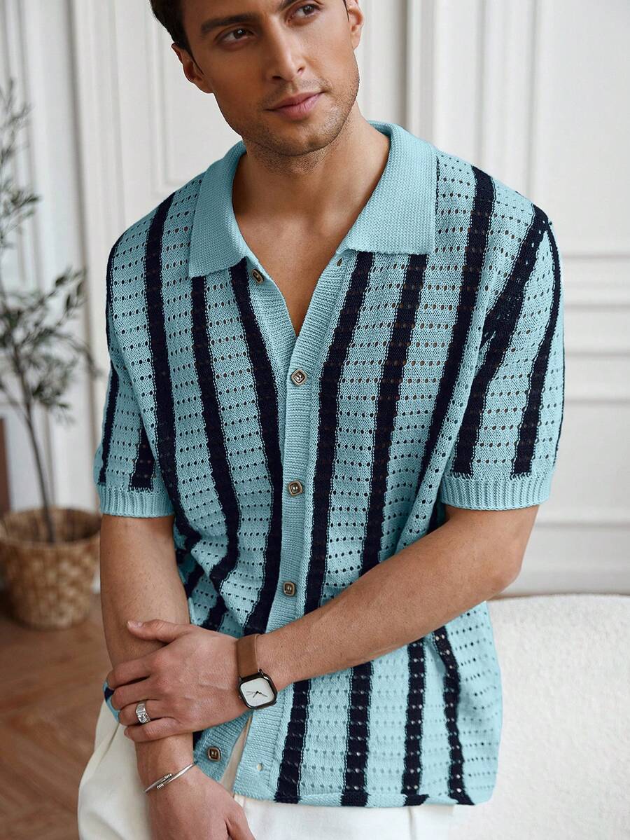 Mens Short Sleeve Crochet Knit Shirt Stripe Button Front – Drenval