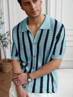 Mens Short Sleeve Crochet Knit Shirt Stripe Button Front – Drenval