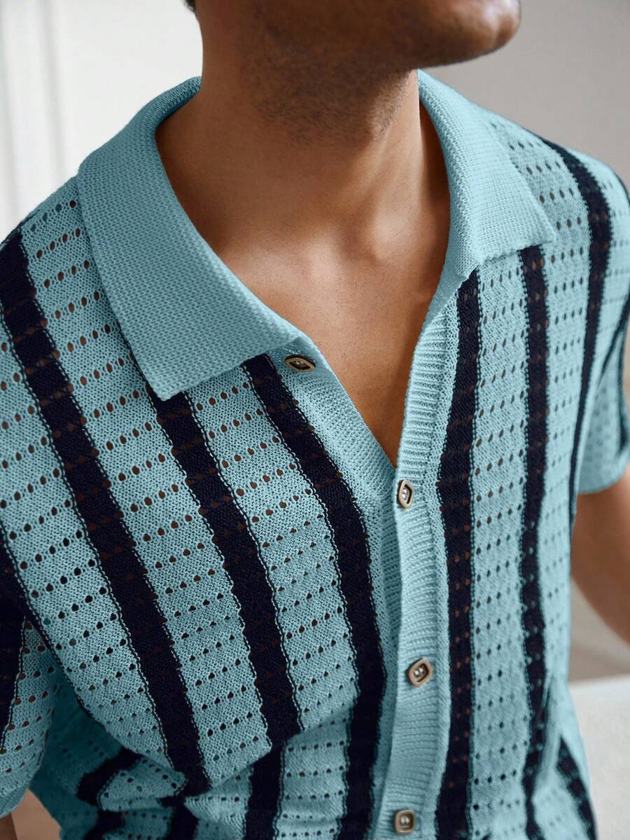 Mens Short Sleeve Crochet Knit Shirt Stripe Button Front – Drenval