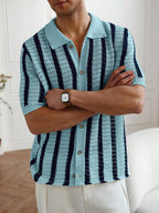 Mens Short Sleeve Crochet Knit Shirt Stripe Button Front – Drenval