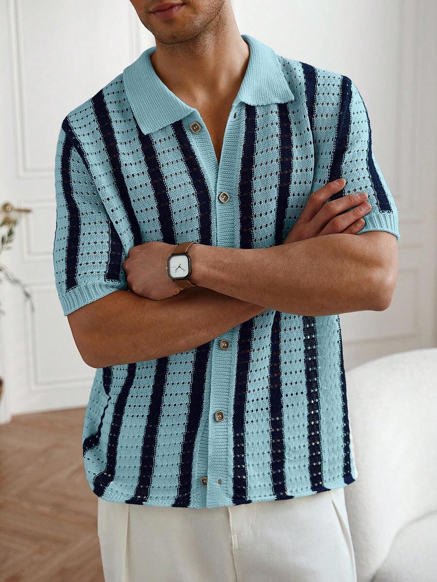 Mens Short Sleeve Crochet Knit Shirt Stripe Button Front – Drenval