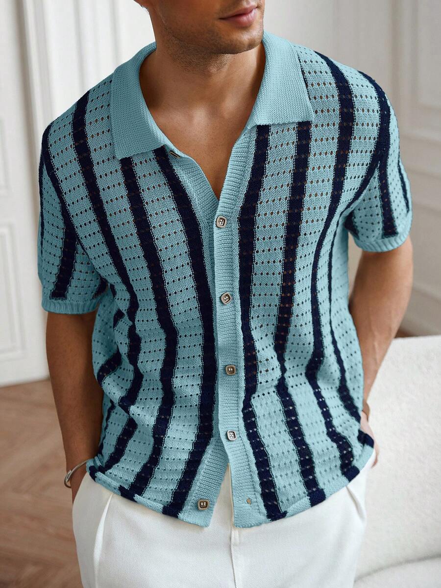 Mens Short Sleeve Crochet Knit Shirt Stripe Button Front – Drenval