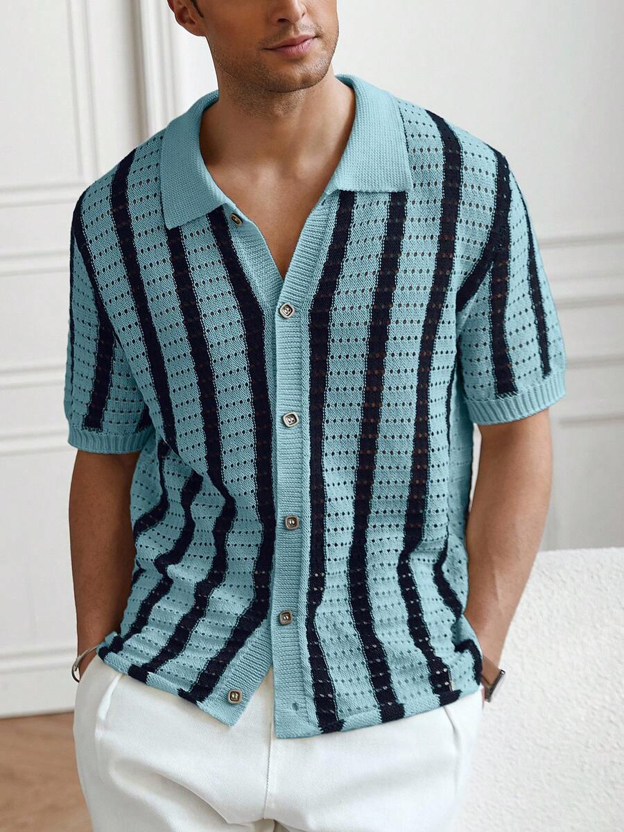 Mens Short Sleeve Crochet Knit Shirt Stripe Button Front – Drenval