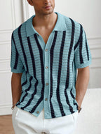Mens Short Sleeve Crochet Knit Shirt Stripe Button Front – Drenval