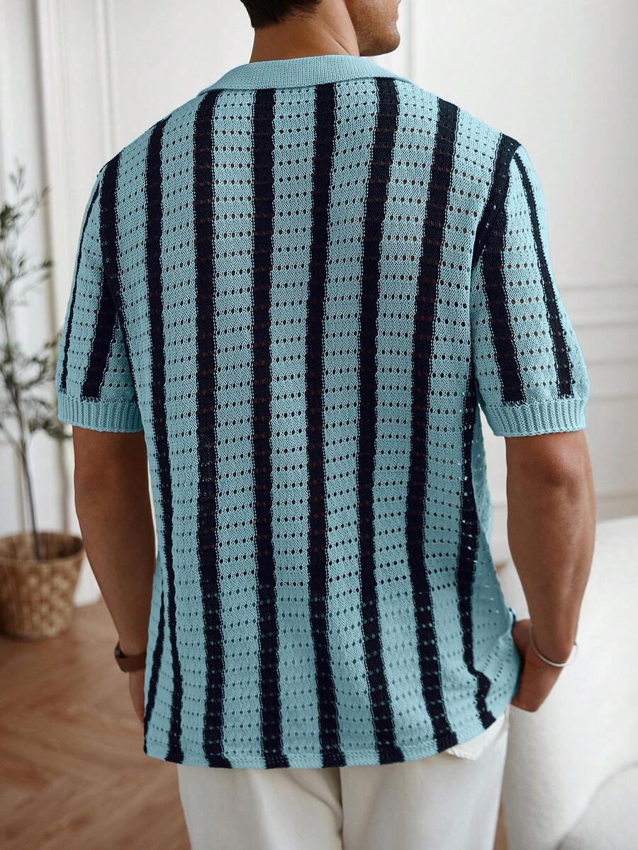 Mens Short Sleeve Crochet Knit Shirt Stripe Button Front – Drenval