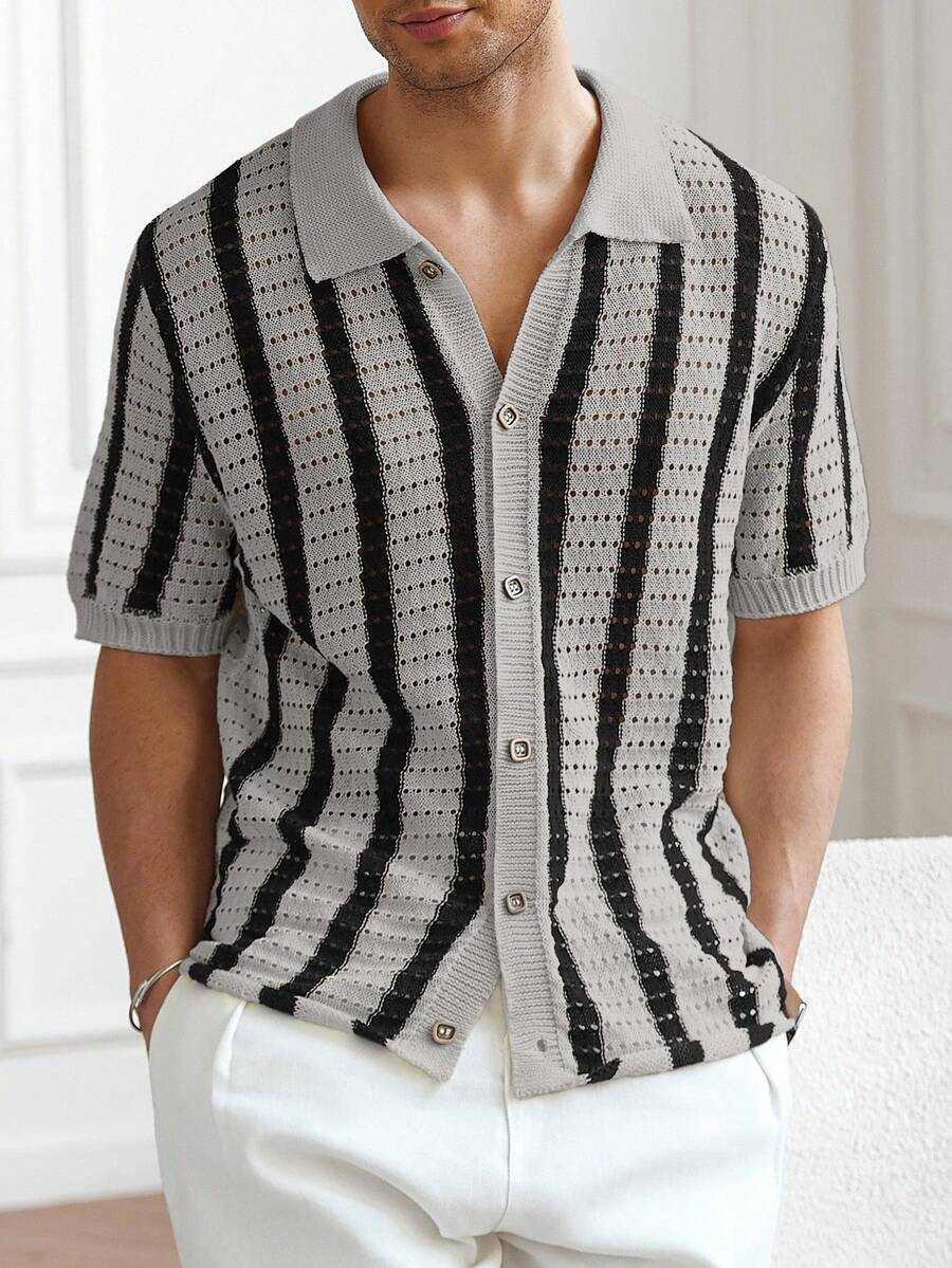 Mens Short Sleeve Crochet Knit Shirt Stripe Button Front – Drenval