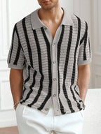 Mens Short Sleeve Crochet Knit Shirt Stripe Button Front – Drenval