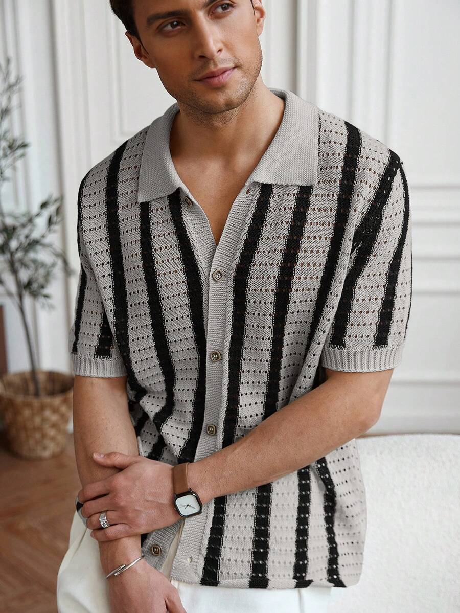 Mens Short Sleeve Crochet Knit Shirt Stripe Button Front – Drenval