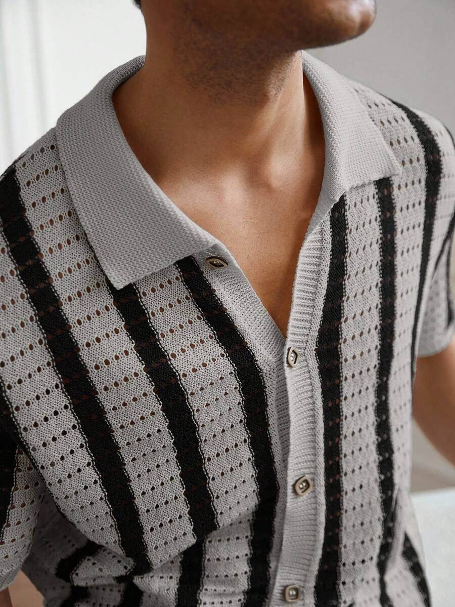 Mens Short Sleeve Crochet Knit Shirt Stripe Button Front – Drenval