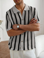 Mens Short Sleeve Crochet Knit Shirt Stripe Button Front – Drenval