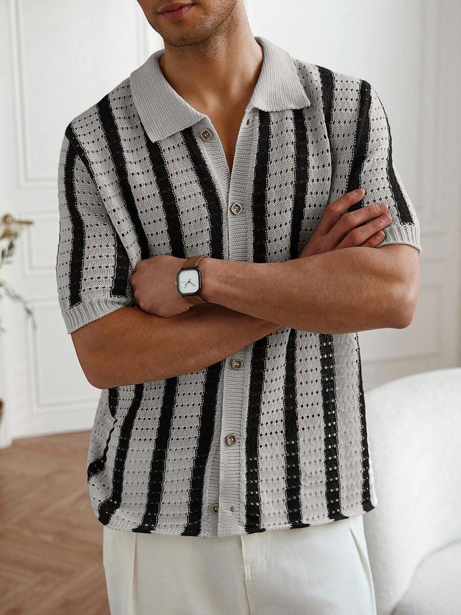 Mens Short Sleeve Crochet Knit Shirt Stripe Button Front – Drenval