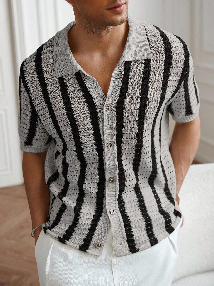 Mens Short Sleeve Crochet Knit Shirt Stripe Button Front – Drenval