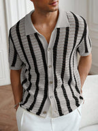 Mens Short Sleeve Crochet Knit Shirt Stripe Button Front – Drenval