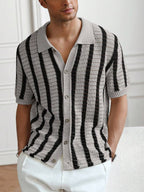 Mens Short Sleeve Crochet Knit Shirt Stripe Button Front – Drenval