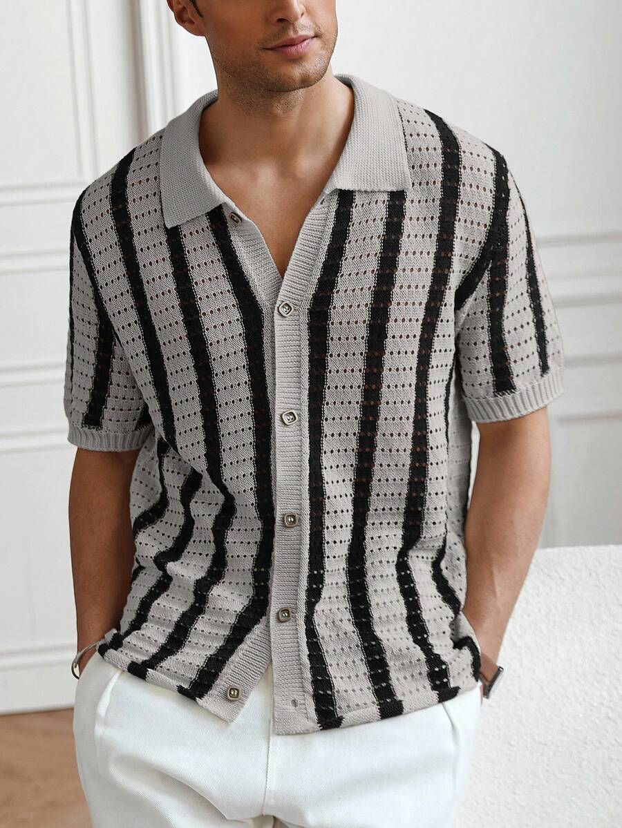 Mens Short Sleeve Crochet Knit Shirt Stripe Button Front – Drenval