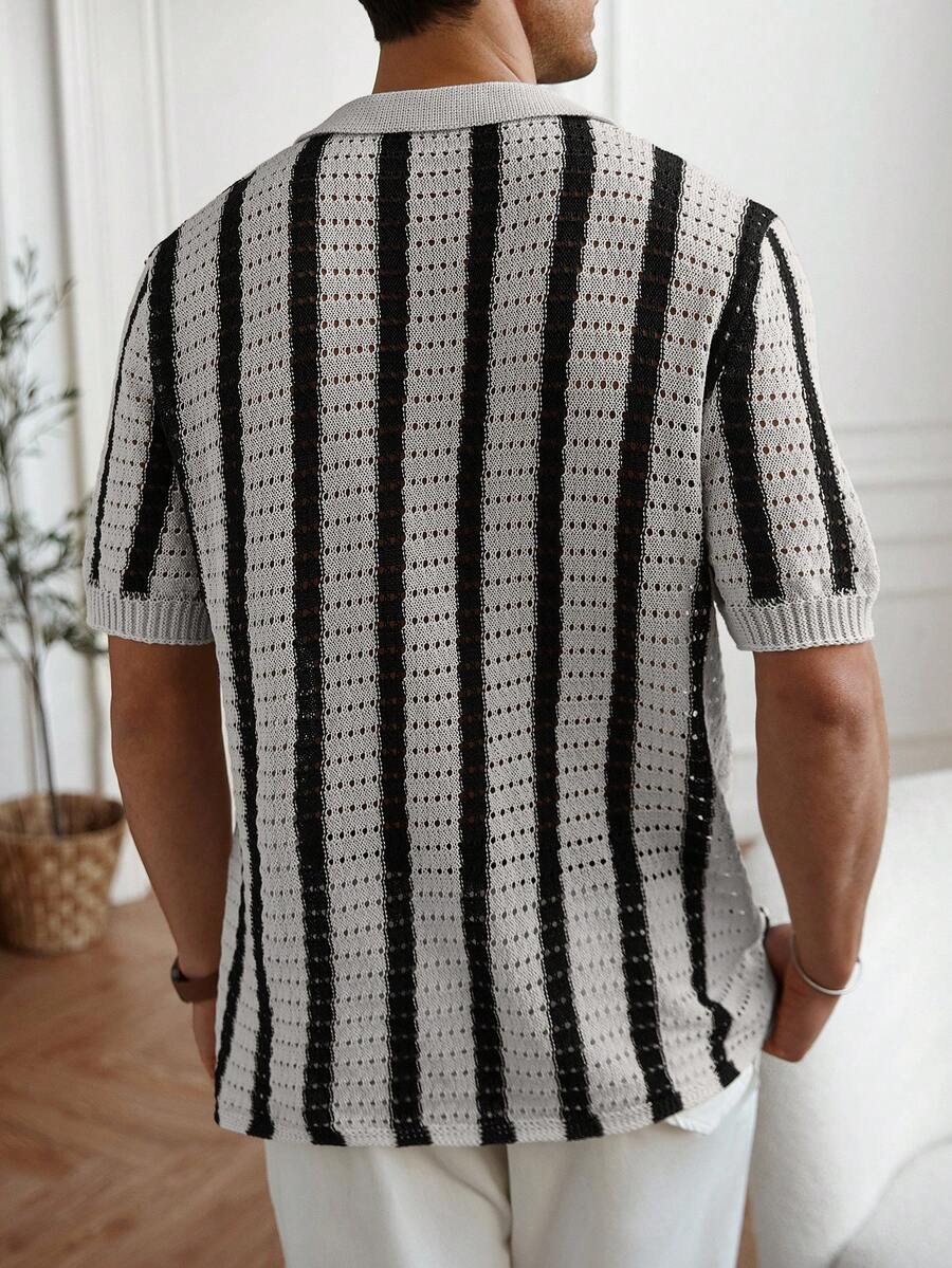 Mens Short Sleeve Crochet Knit Shirt Stripe Button Front – Drenval
