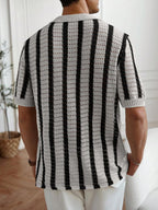 Mens Short Sleeve Crochet Knit Shirt Stripe Button Front – Drenval
