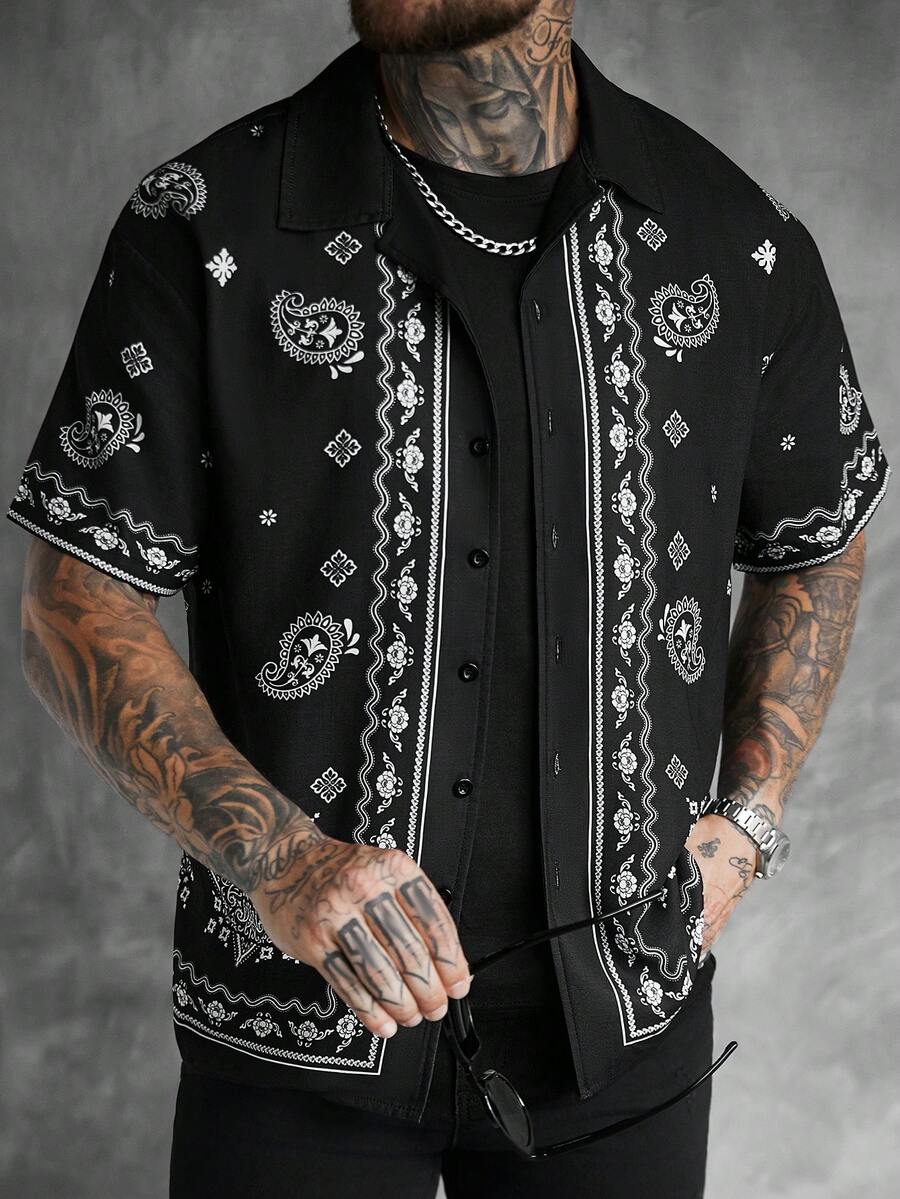 Mens Short Sleeve Crochet Shirt Jacquard Stripe Loose Fit – Darco