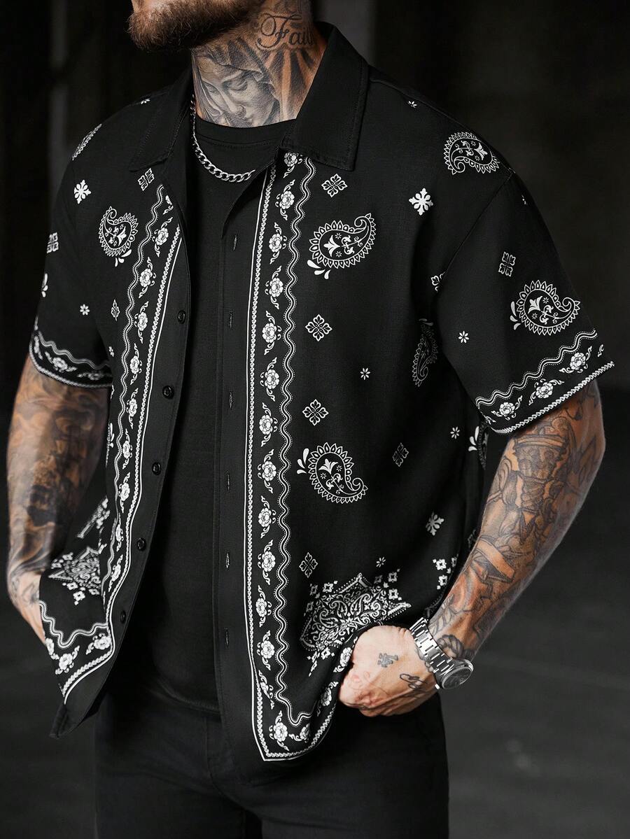 Mens Short Sleeve Crochet Shirt Jacquard Stripe Loose Fit – Darco