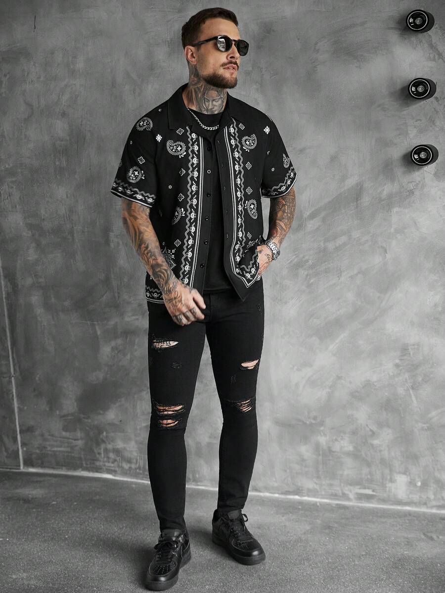 Mens Short Sleeve Crochet Shirt Jacquard Stripe Loose Fit – Darco