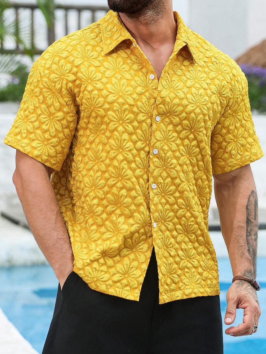 Mens Short Sleeve Crochet Shirt Jacquard Stripe Loose Fit – Darco