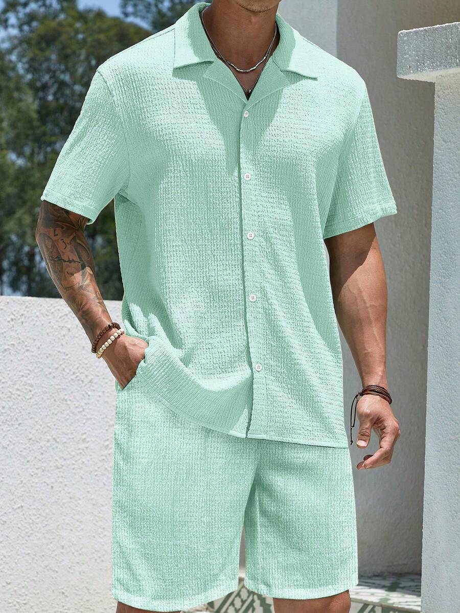 Mens Pant and Shirt Set Jacquard Short Sleeve Button-Up – Tarlen