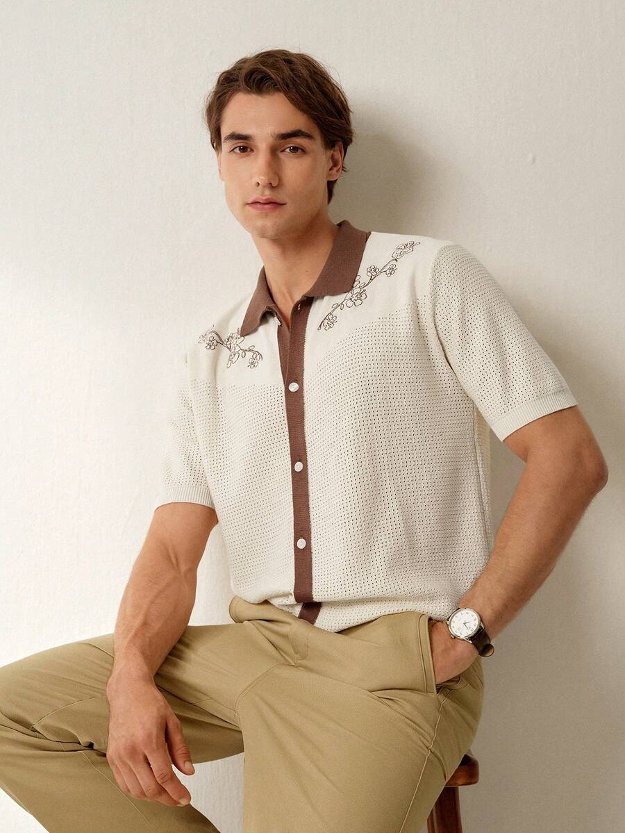 Mens Short Sleeve Crochet Knit Shirt Stripe Button Front – Drenval