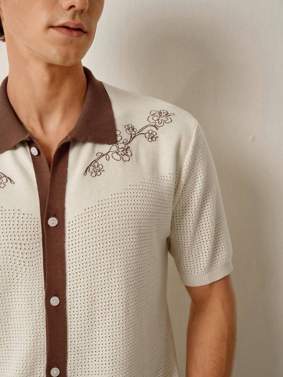Mens Short Sleeve Crochet Knit Shirt Stripe Button Front – Drenval