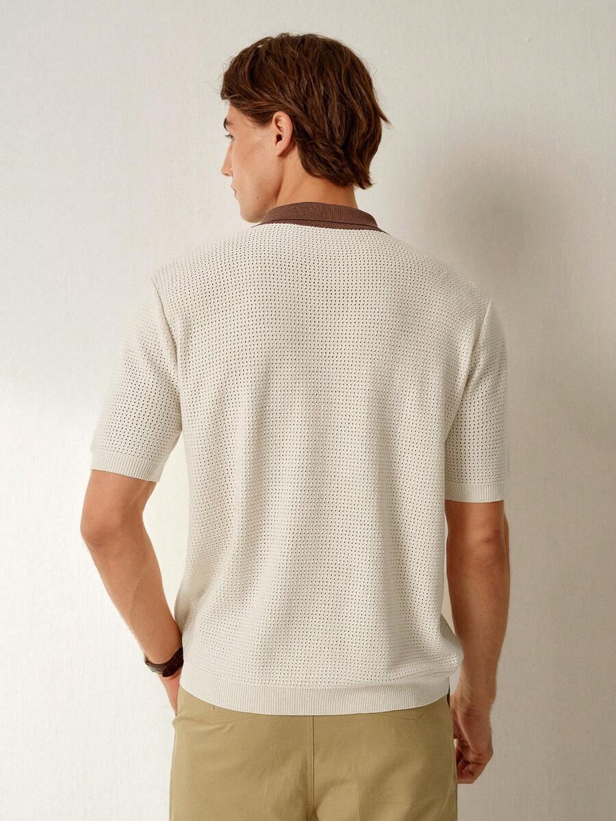 Mens Short Sleeve Crochet Knit Shirt Stripe Button Front – Drenval
