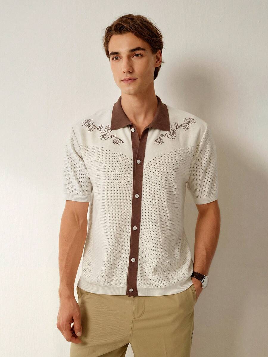 Mens Short Sleeve Crochet Knit Shirt Stripe Button Front – Drenval