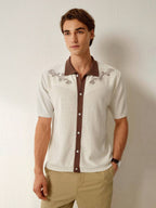 Mens Short Sleeve Crochet Knit Shirt Stripe Button Front – Drenval
