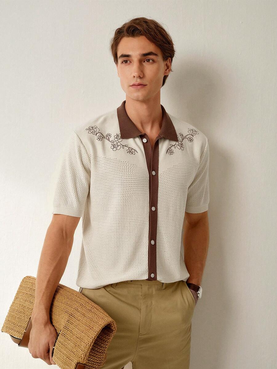 Mens Short Sleeve Crochet Knit Shirt Stripe Button Front – Drenval