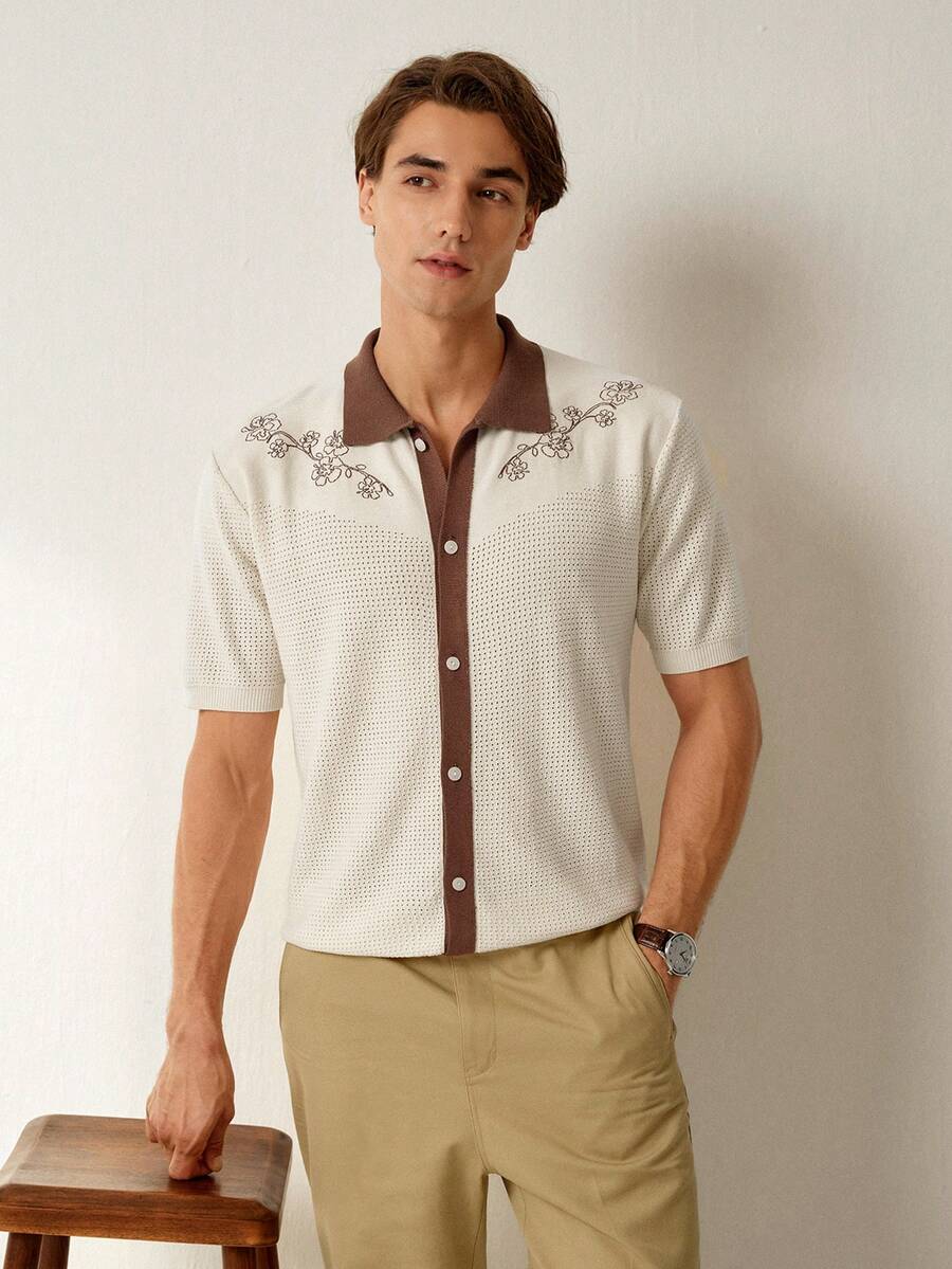 Mens Short Sleeve Crochet Knit Shirt Stripe Button Front – Drenval