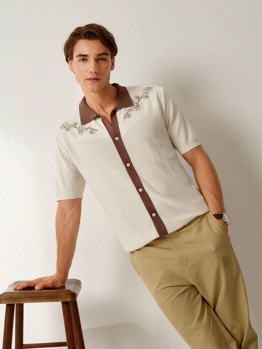 Mens Short Sleeve Crochet Knit Shirt Stripe Button Front – Drenval
