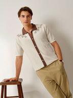 Mens Short Sleeve Crochet Knit Shirt Stripe Button Front – Drenval