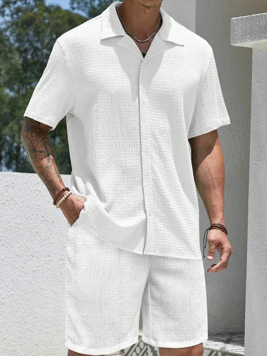 Mens Pant and Shirt Set Jacquard Short Sleeve Button-Up – Tarlen