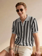 Mens Short Sleeve Crochet Knit Shirt Stripe Button Front – Drenval